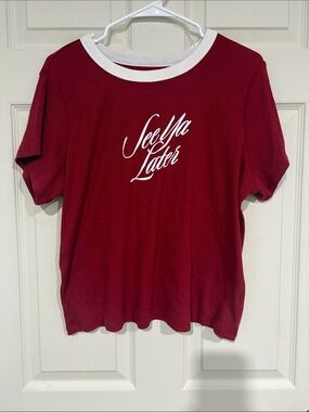 Old Navy Red Ribbed Tee with White V-Neck Trim
